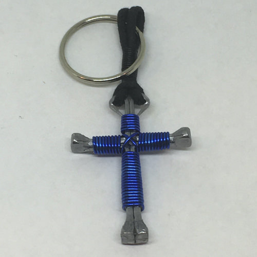 blue cross keychain made from horseshoe nails